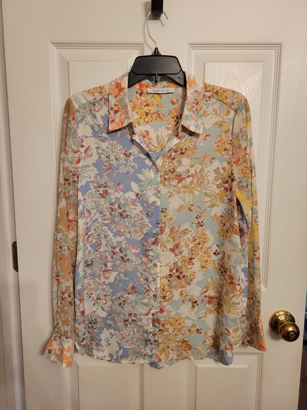Rose & Olive Aqua Floral Button-Front Blouse with Peach and Yellow Accents